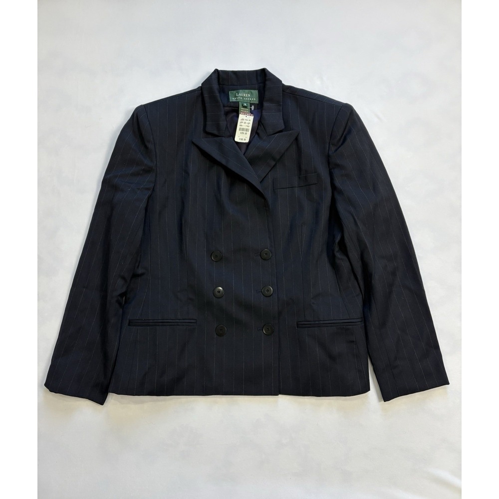 VTG Lauren Ralph Lauren Blazer Women 16 Navy Pinstripe Double Breasted Wool USA